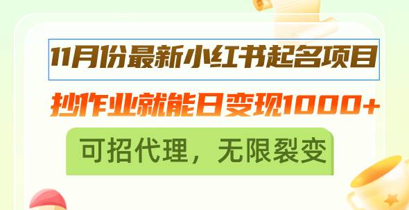 11月份最新小红书起名项目，抄作业就能日变现1000 ，可招代理，无限裂变