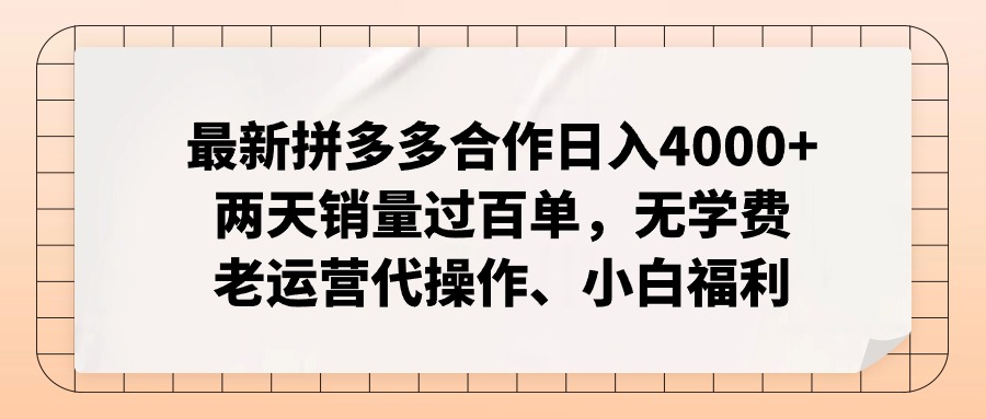 拼多多最新合作日入4000 两天销量过百单，无学费、老运营代操作、小白福利